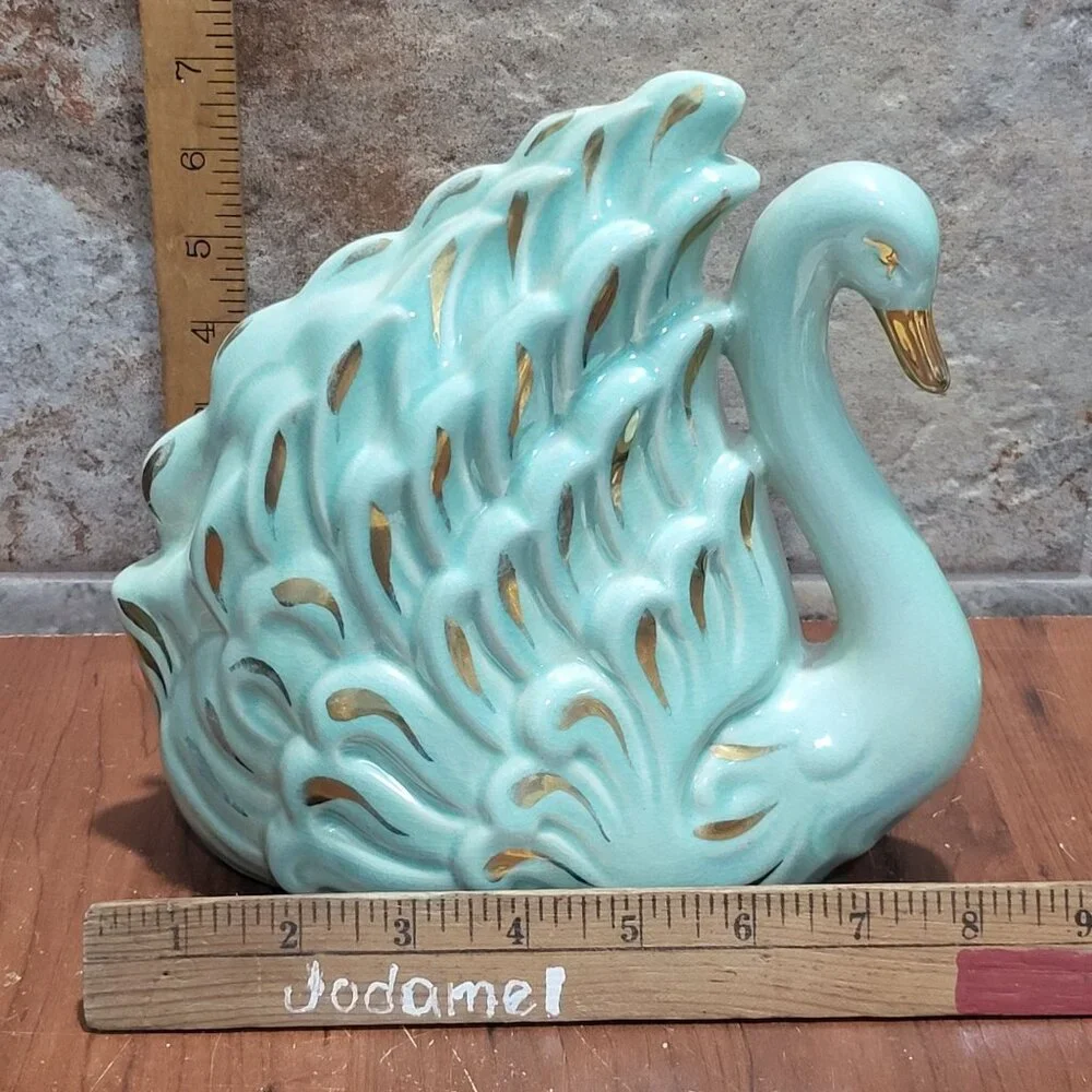 Vintage Gilded Blue Swan TV Lamp Night Light Ceramic